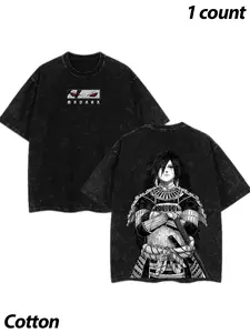 Cartoon Samurai Pattern Cotton Casual Crewneck T-Shirt, Fitted Street Style Tee for All Genders, Comfortable Daily Wear for Summer