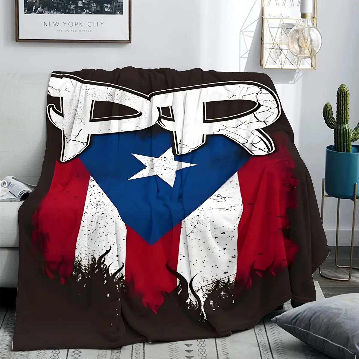 Custom Image Flannel Throw Blanket - Puerto Rico Flag Pattern, Soft Warm Modern Digital Print Polyester Knit, 200-250g Lightweight All-Season Multi-Functional Gift for Sofa, Office, Custom Image Blanket