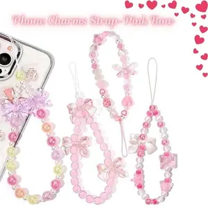 Phone Charms Strap, Pink Bow Strawberry Cherry Charm Lanyard, Cute Wrist Chain String for Phone Case, Beaded Phone Strap Accessories