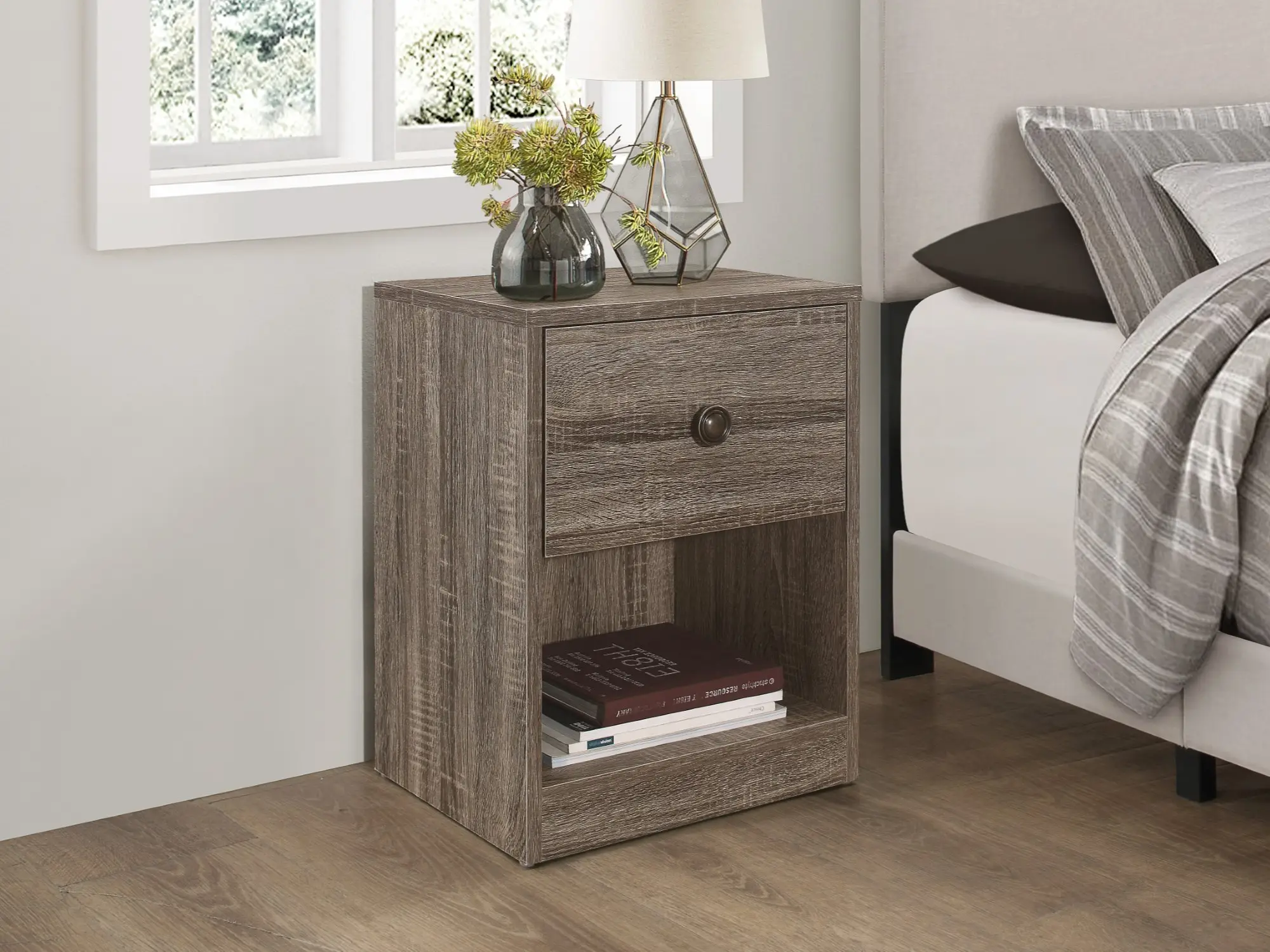 Favorer Fargo Nightstand with Drawer and Open Wood Shelf, Side Table with Storage, Nightstand with Drawer for Bedroom, Bedside Table, Suitable for Sma