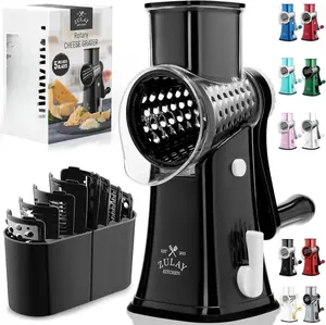 Zulay Kitchen Rotary Cheese Grater 5 Blade Cheese Shredder - Manual Hand Crank Cheese Grater With Reinforced Suction & 5 Interchangeable Drums - Easy to Use, Vegetable Chopper Round Mandoline Slicer