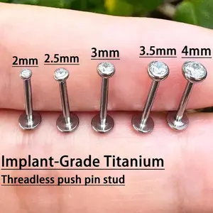 Trendy Jewelry Threadless Push Click Pin Flat CZ Diamond Studs - 20G-18G-16G Solid Titanium Geometric Flat Back, Gold-Plated Body Jewelry for Nose Piercings, Helix, Non-Tarnish Casual Accessory