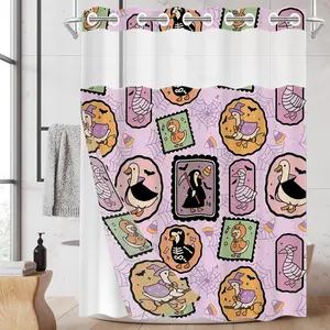1 Pack No Hook Double Layer Shower Curtain, Halloween Cute Duck Print Bath Curtain, Waterproof, Mildew Resistant, Durable Fabric, Spooky Home Decor, Removable Liner, Top See-Through Window, Partition Curtain 71"×74"