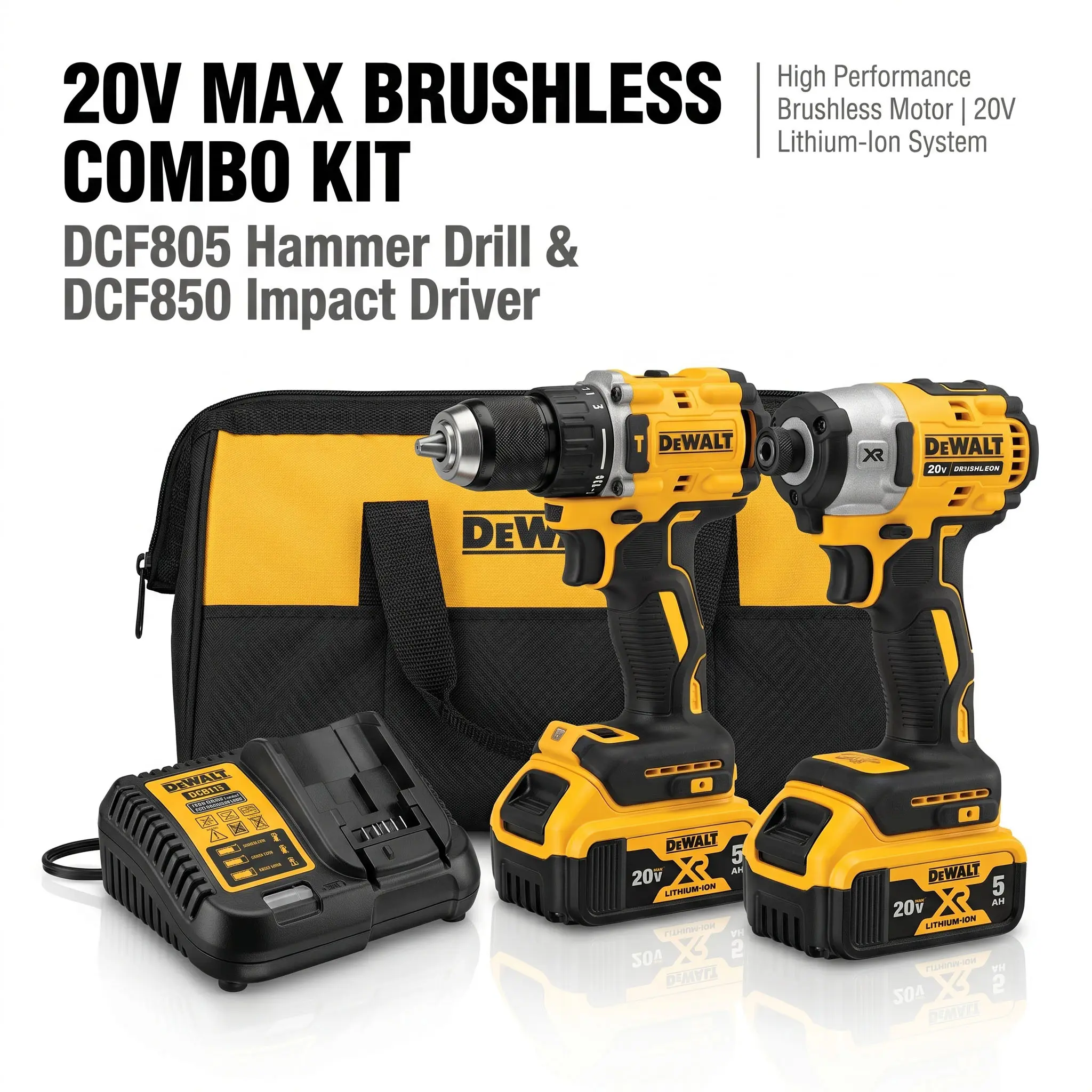 DeWALT 20V Max Brushless High Torque Cordless Drill + Wrench Set - DCF805 Drill, DCF850 Impact Driver, Compact Brushless Motor, Multi-Speed Gears (0-2000Rpm, 3250Rpm Third Gear), Ideal for DIY, Wood/Metal Tasks, Multi Tool Multitools & Accessories