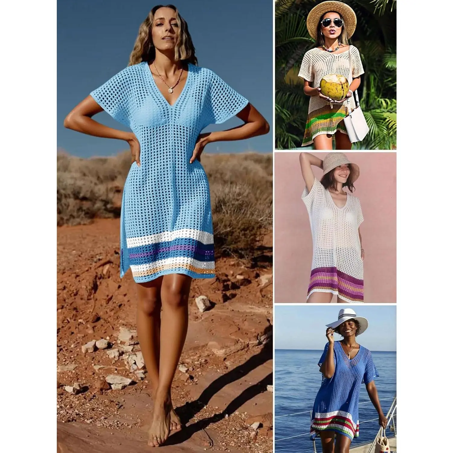 FMEYOA Womens Crochet Swim Cover Up 2025 Swimsuits V Neck Swimwear Summer Bathing Suit Mesh Mini Dresses Beach Clothes