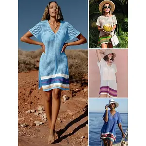 FMEYOA Womens Crochet Swim Cover Up 2025 Swimsuits V Neck Swimwear Summer Bathing Suit Mesh Mini Dresses Beach Clothes
