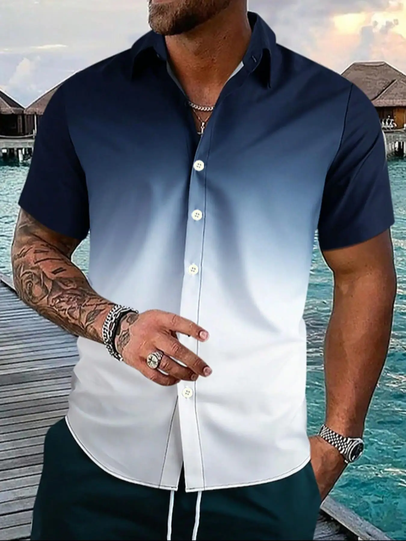 Men's Regular Fit Ombre Print Button Front Shirt, Casual Short Sleeve Collar Shirt For All Seasons Beach Vacation, Fashion Men's Top For All Seasons