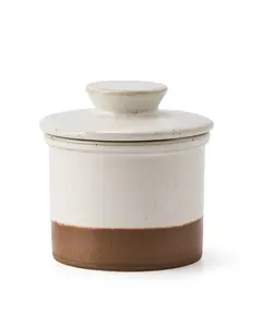 Ceramic Butter Crock, French Butter Dish for Counter, Butter Keeper With Water Line for Fresh Spreadable Butter- Latte
