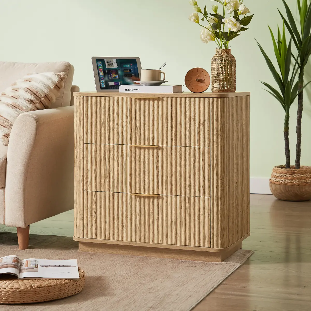 Modern 3-Drawer Nightstand - 27.6'' Wide Drawer Dresser Cabinet with Curved Wave Design, Oak Wood Organizer, Modern Accent Cabinet for Bedroom, Living Room, 27.6''W x 15.8''D x 27.4''H