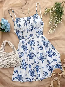 Women's Ditsy Floral Print Cami Dress, Casual Boho Fashion Sleeveless Spaghetti Strap A Line Dress for Summer, Ladies Clothes for Beach Holiday Vacation