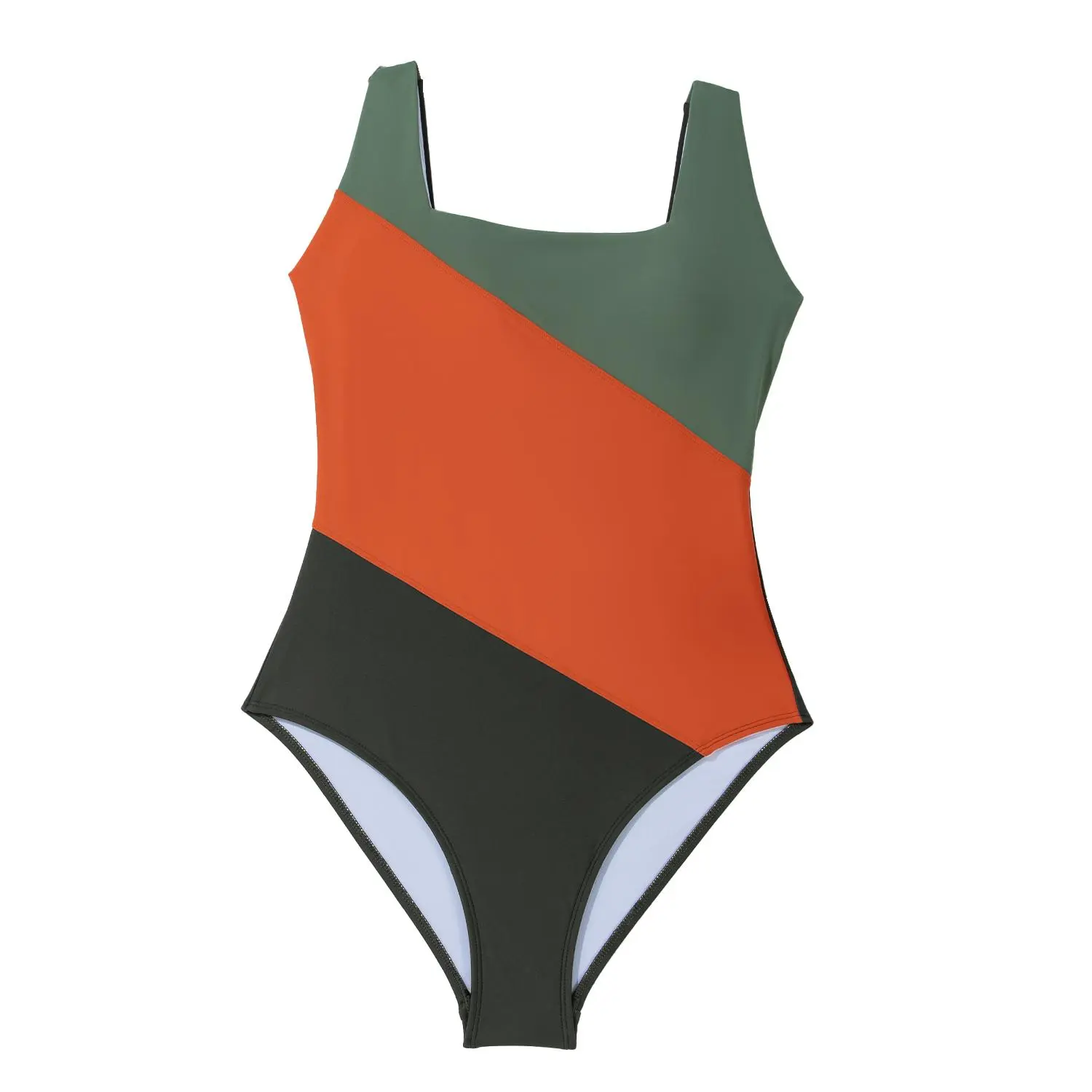 Women's Duffel Green Color Block Padded Square Neck One Piece Swimsuit