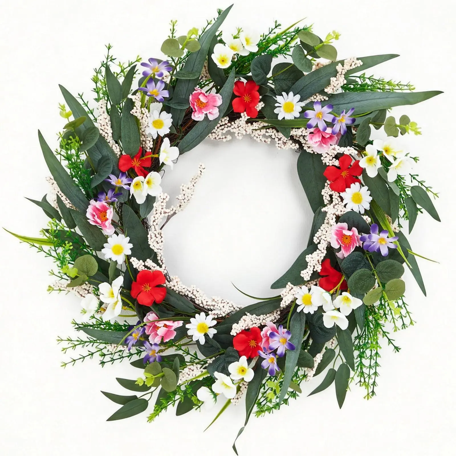 GARVEE 20-in Round Ready-to-Hang Decorative Lightweight Artificial Spring Wreath with Daisy, Eucalyptus Leaves, Colorful Blooms & Mixed Flowers - Front Door Centerpiece, Home Decor Gift