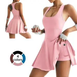 Women's One-Piece Tennis & Golf Dress with Built-In Bra & Pockets - High-Stretch Light Blue Athletic Skirt for Running, Dancing, Gym - Casual Sporty Design, All-Season Comfort, Gym Workout Clothes, Durable Sportswear