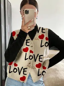 Heart Letter Colorblock Open Front Button Knit Sweater Vest, Casual Sleeveless Cardigan for Spring Summer Fall, Women's Comfortable Warm Clothing