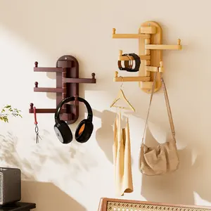 Wall-Mounted Rotating Clothes Hanger with 5 Foldable Arms, Wood Clothes Hook, Storage Hooks, Versatile Organizer, for Bathroom Entrance Bedroom Kitchen, Space-Saving Organizer