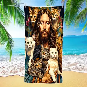 Jesus & Cat Floral Beach Towel, Quick-Dry Microfiber Sandproof Blanket, Summer Beach Pool Party Vacation Essential, Lightweight Travel Must-Have