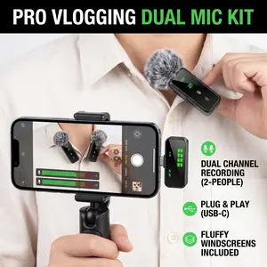 Outdoor Vlog Essential Clip-On Wireless Mic, Digital Status Display Screen, Smart Noise Elimination, 12H Long Working Lapel Microphone for All Type-C & iOS Smart Devices