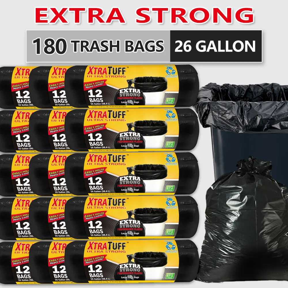XTRA TUFF Heavy Duty Garbage Bags, 180-Count 26Gal Trash Bags, Puncture-Resistant, Leak-Proof, Ideal for Industrial and Home Use, Garbage Bag