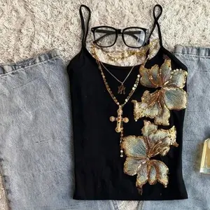 2026 Summer Spaghetti Strap Camisole Top, Black Gold Floral Sequin Embroidered Slim Fit Top, Lightweight Skin‑Friendly Y2K Gothic Vacation Outfit