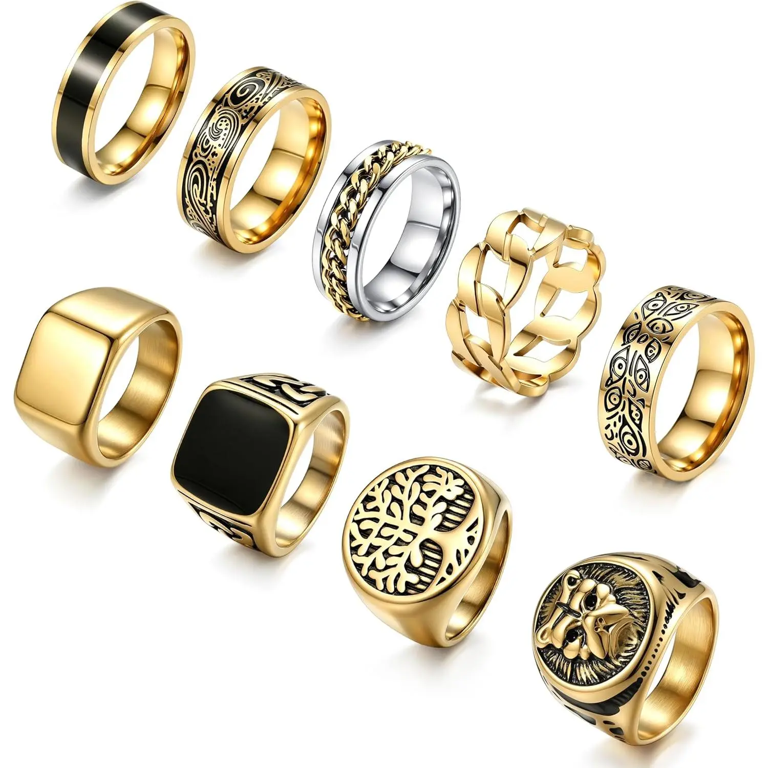 9Pcs Stainless Steel Signet Rings for Men Square Signet Rings Pinky Engraved Ring Thumb Retro Band Spinner Ring Silver Gold Plated Mens Finger Ring Biker Rings Set, Size 7-13