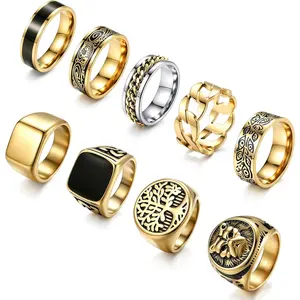 9Pcs Stainless Steel Signet Rings for Men Square Signet Rings Pinky Engraved Ring Thumb Retro Band Spinner Ring Silver Gold Plated Mens Finger Ring Biker Rings Set, Size 7-13