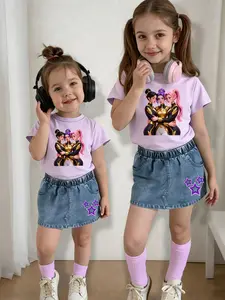 Girls' K-Pop Theme, Round Neck Short Sleeve T-Shirt & Washed Denim Skirt, Vibrant Stage Style, Summer Fashion Set