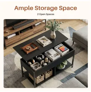 Lift Top Coffee Table with Storage 39" Center Table with Hidden Compartment & 2 Shelves Farmhouse, Wood Coffee Table for Living Room with Sturdy Lift-Top Adjustable Feet，Black