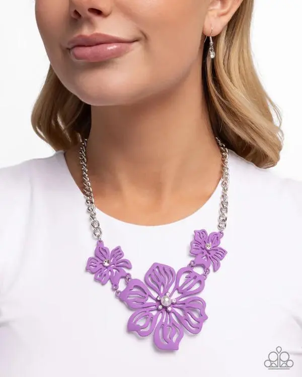 Purple Floral Fandom Flower Power Fantasy Statement Necklace, Adjustable Chunky Chain, Flower Cluster Necklaces with Included Earrings, Includes Earrings