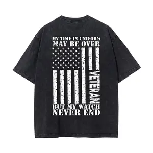 "Veteran Never End" American Flag Washed Black Cotton T-Shirt Sweatshirt Round Neck