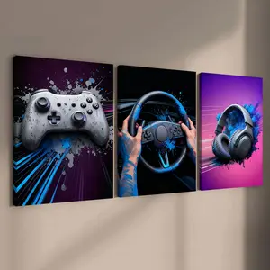 3 count wooden frame canvas, Graffiti game console poster, cool game room decoration, stylish living room decoration, Modern family poster, exquisite corridor wall art, HD, waterproof