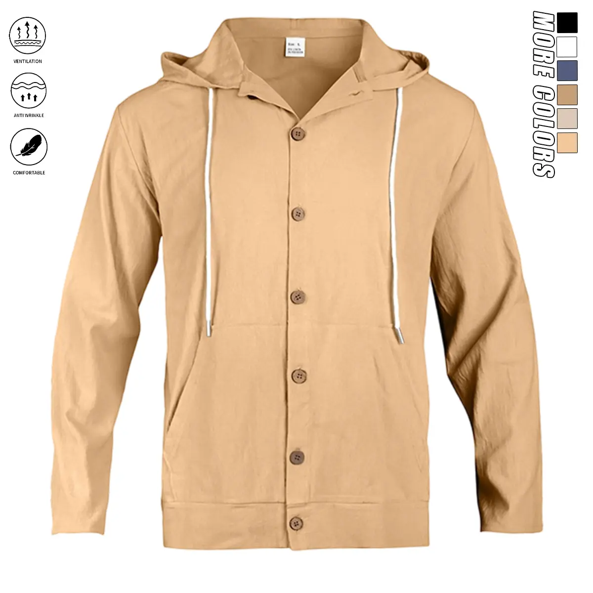 Men'S Hooded Cardigan Shirt for Spring And Autumn, Featuring Single-Breasted Buttons, Drawstring Design And Kangaroo Pocket, Loose, Breathable And Versatile for Casual Wear And Vacation