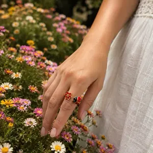 14K Gold Plated Adjustable Ladybug Flower Ring for Women | Cute Open Ring
