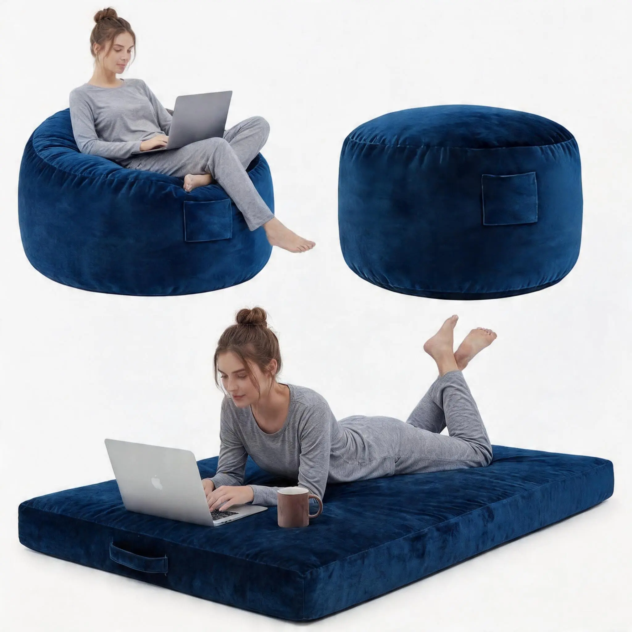 Extra comfortable 4ft beanbag for adults & teens – Memory foam padding – Removable, washable flannel cover – Versatile XXL sofa for living room or guest room – Color: Blue