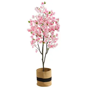 6’ Artificial Cherry Blossom Tree with Handmade Jute & Cotton Basket