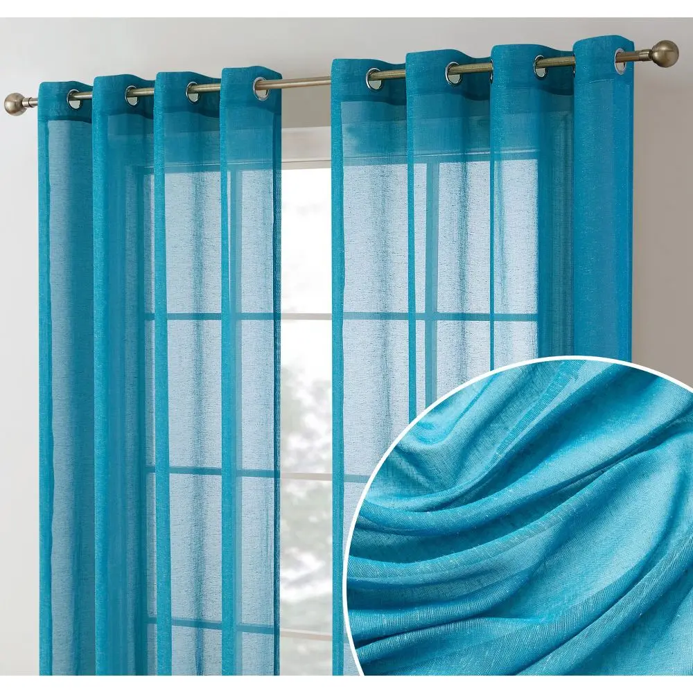 HLC.ME Sierra Burlap Flax Linen Privacy Sheer Light Filtering Window Grommet Curtains Panels Set of 2 - Teal Blue 54 W x 84 L