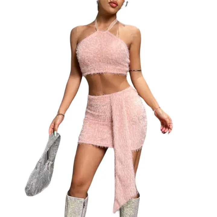 Women's Fluffy Halter Top and Skirt Set with Cup Design Pendant - Perfect for Casual Wear - Overalls, Womenswear