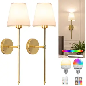 2 pcs modern fabric wall lights with rechargeable RGB rechargeable bulbs, wireless installation, bulb battery charging, bathroom vanity wall lights, bedroom living room kitchen wall lights