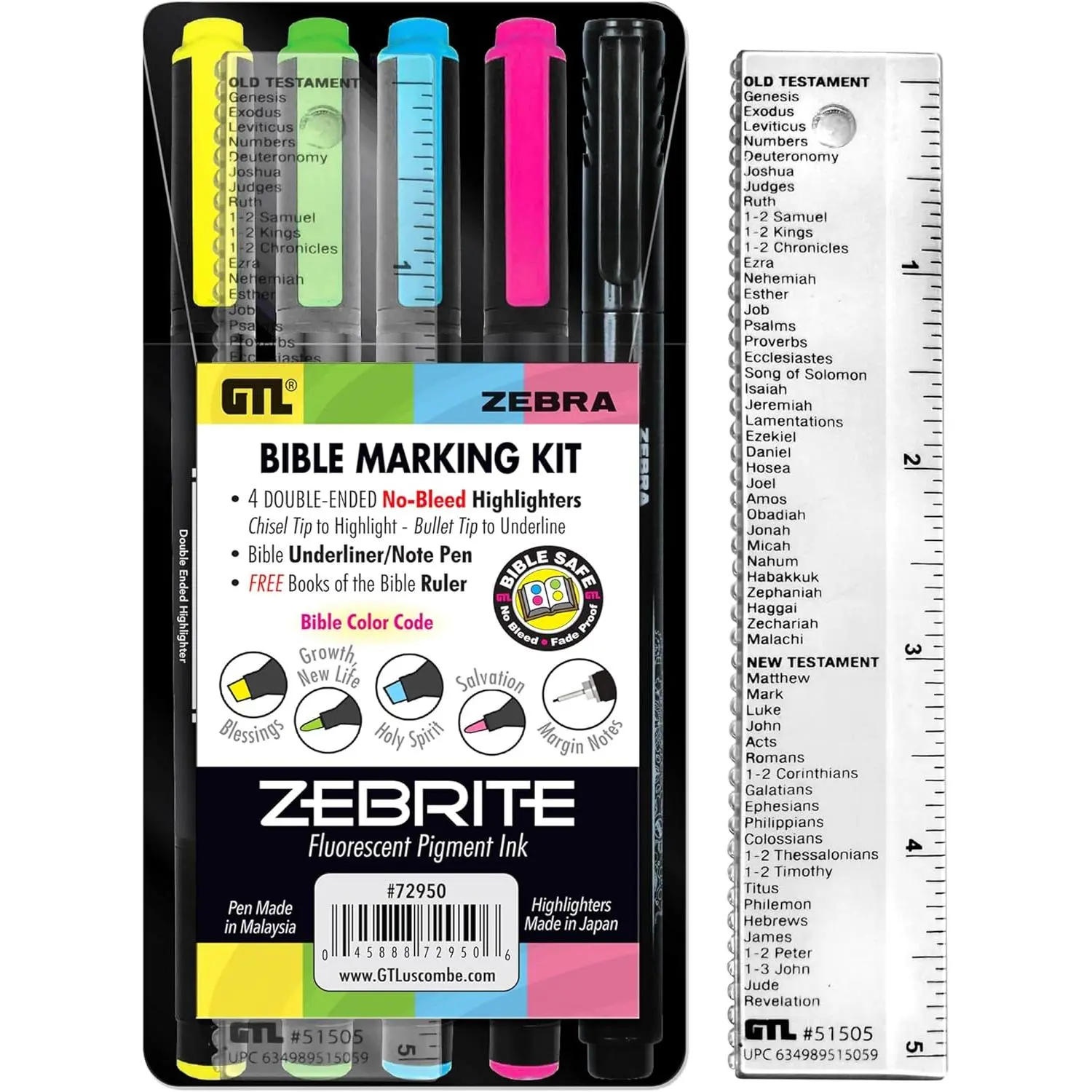 G.T. Luscombe Company, Inc. Zebrite Bible Marking Kit | No Bleed Pigmented Ink | No Fading or Smearing | Double Ended Highlighters, Note Pen & Books of the Bible Ruler/Bookmark (Set of 5 + Ruler)