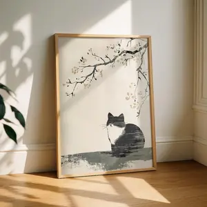 Japanese Cat Print, Japandi Cat Poster, Ink Style Cat Wall Art, Japan Art Print, Cat Gift