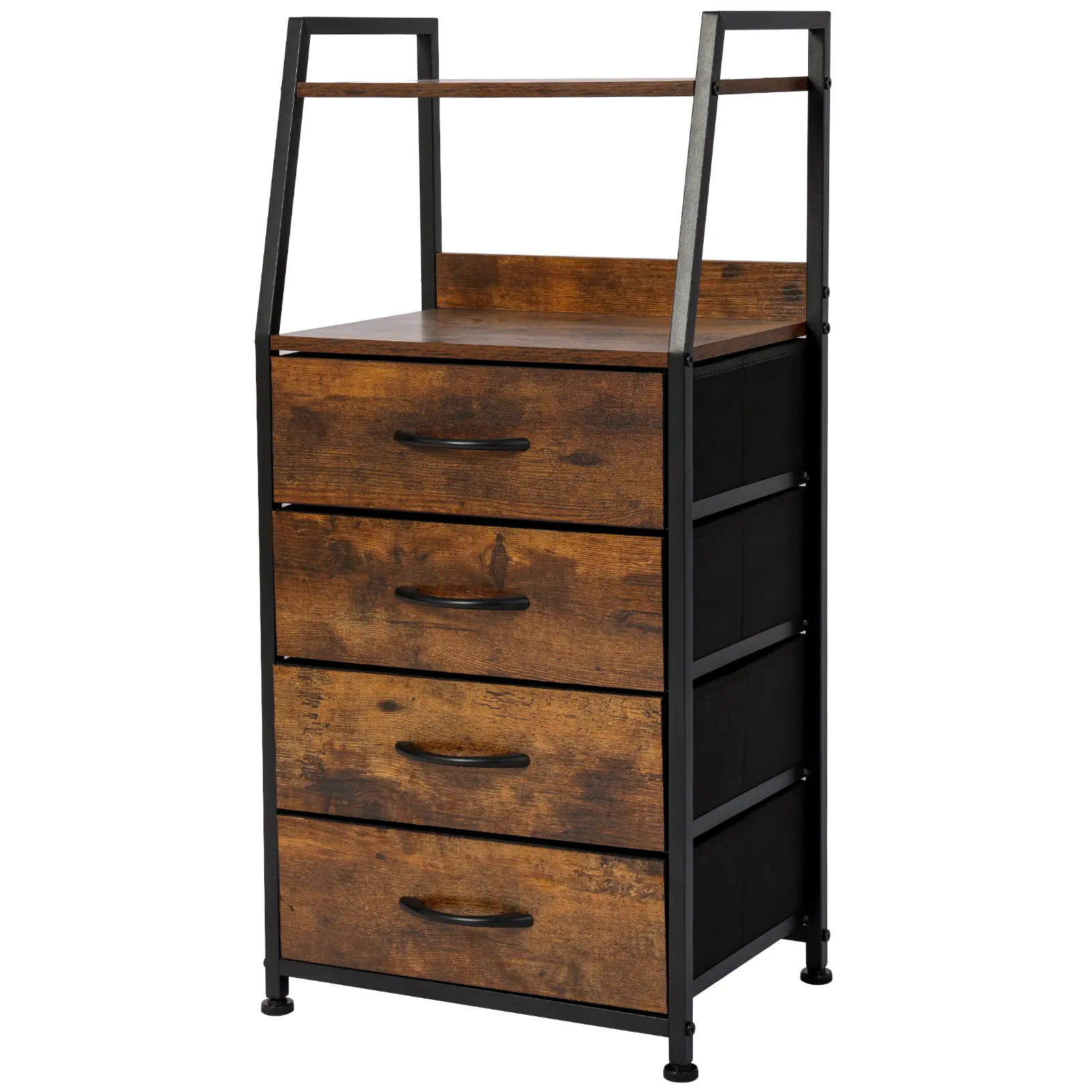 (High end and high-quality)Night Stand with 4 Drawer and 2-Tier Display Shelf,Rustic Brown Dresser for Bedroom, Skinny Nightstand with Fabric Bins for Hallway, Closet, and Nursery, Durable Wood Top and Sturdy Steel Frame bed  desk