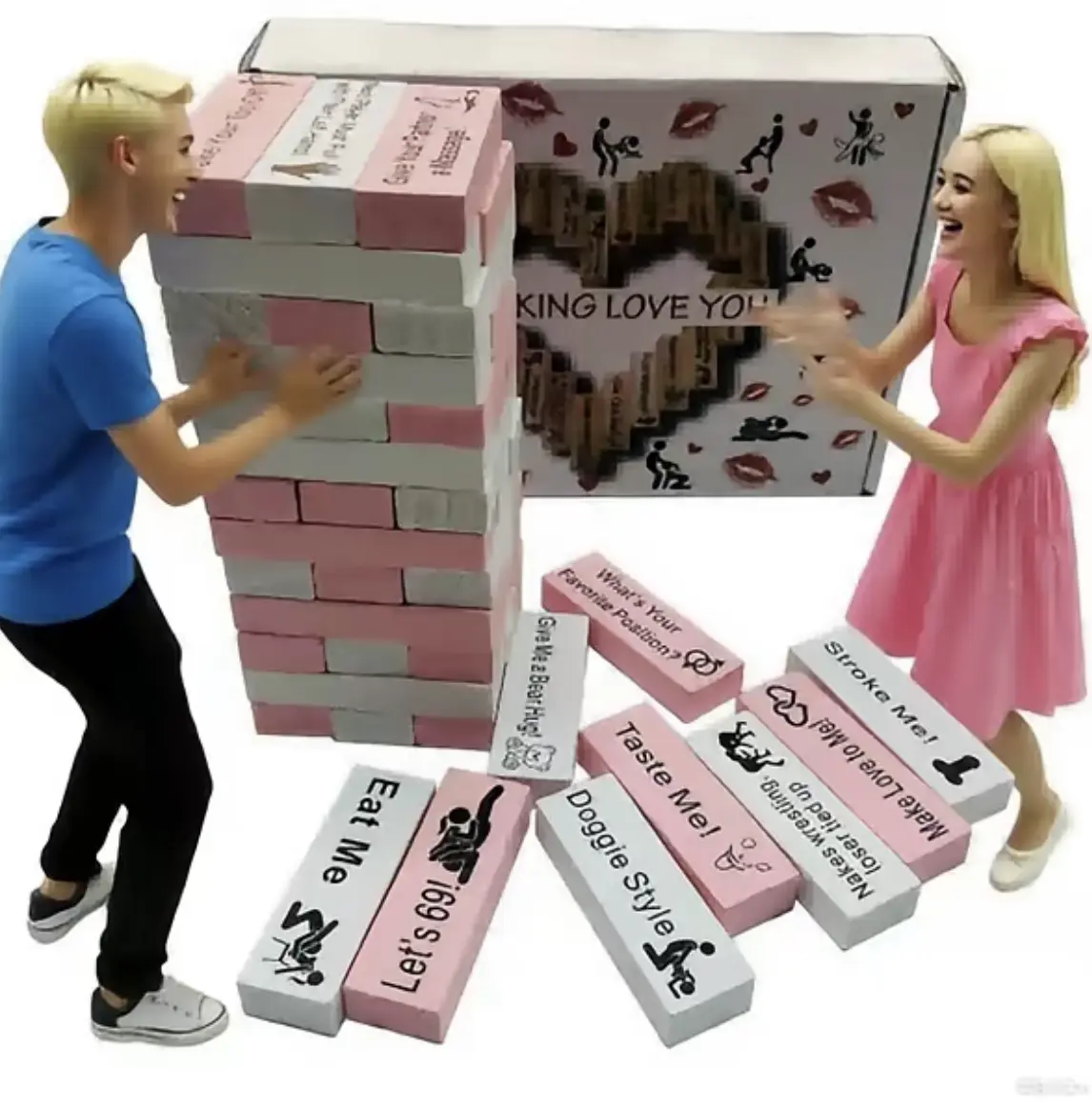 48-Piece High-Quality Materials Pink & White Reusable Wooden Couple Building Blocks - Crack-Resistant, 21cm Height, 7cm Length, Adult Stacking Game, Valentine’s Day Gift for Couples, Home & Party Supplies