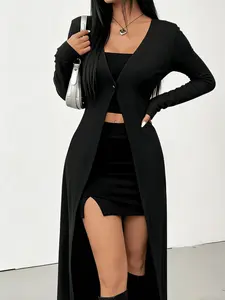 A women's black sexy high-end sense deep V-neck waist-cinching long sleeve casual long coat Womenswear, suitable for spring and summer, suitable for daily commuting street play, party photography and other occasions.
