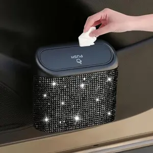 Artificial Rhinestone Decor Car Trash Can, Car Interior Hanging Storage Bin with Automatic Lid, Multifunctional Car Accessories, Car Organizers