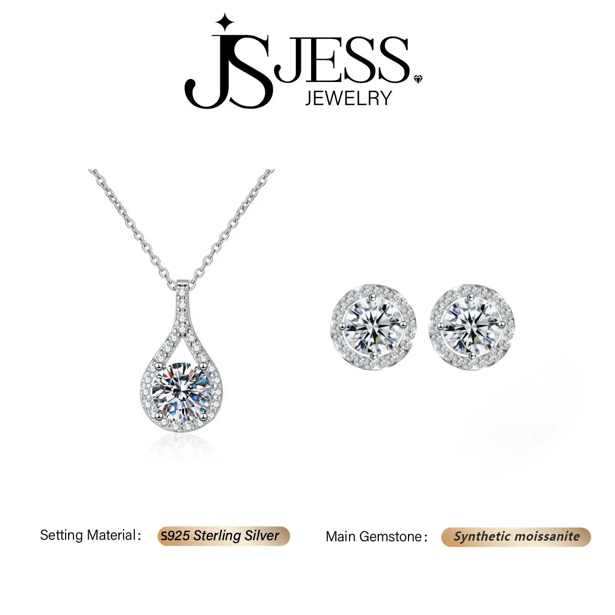 925 Sterling Silver 3ct Round Cut Real Synthetic Moissanite Earring and Necklace Fashion Jewelry Set, Elegant Sparkle for Dates or Parties (#526)