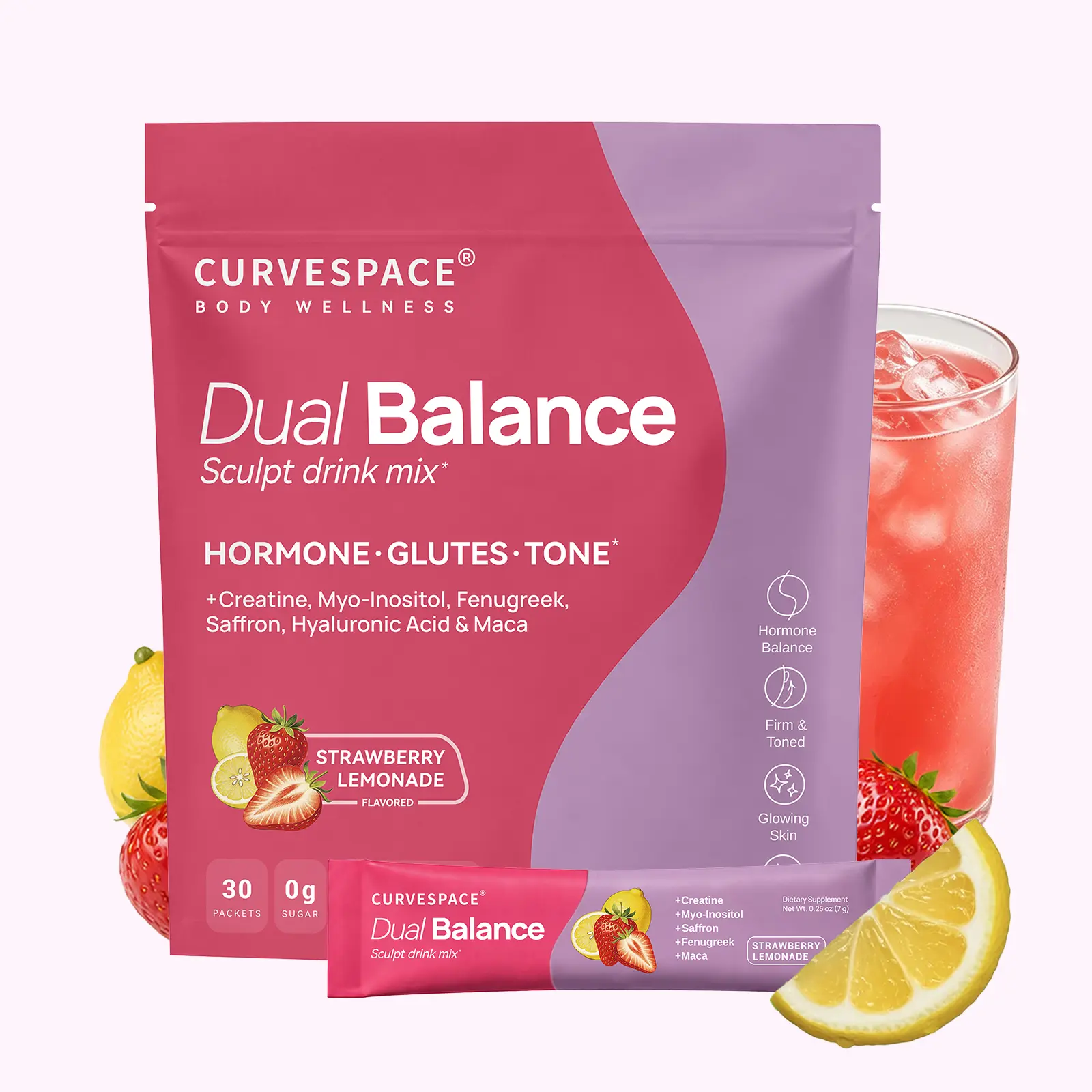 Curvespace Dual Balance Sculpt Drink Mix | Hormone & Muscle Support with Creatine, Myo-inositol, Fenugreek & Saffron, L-Citrulline, Vitex, Maca, Hyaluronic Acid — Strawberry Lemonade, 0g Sugar, 30 Packets Dietary Supplement