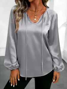 Fashion Curve Plus Size Solid Color Satin V-Neck Blouse, Shirts，Casual Loose-Fit Puff Sleeve Tie-Front Top, Trendy Fall Street Style Outfit, Office Party Wear, Y2K Aesthetic Clothes, Matching Ripped Jeans & Skirts, Long Sleeve