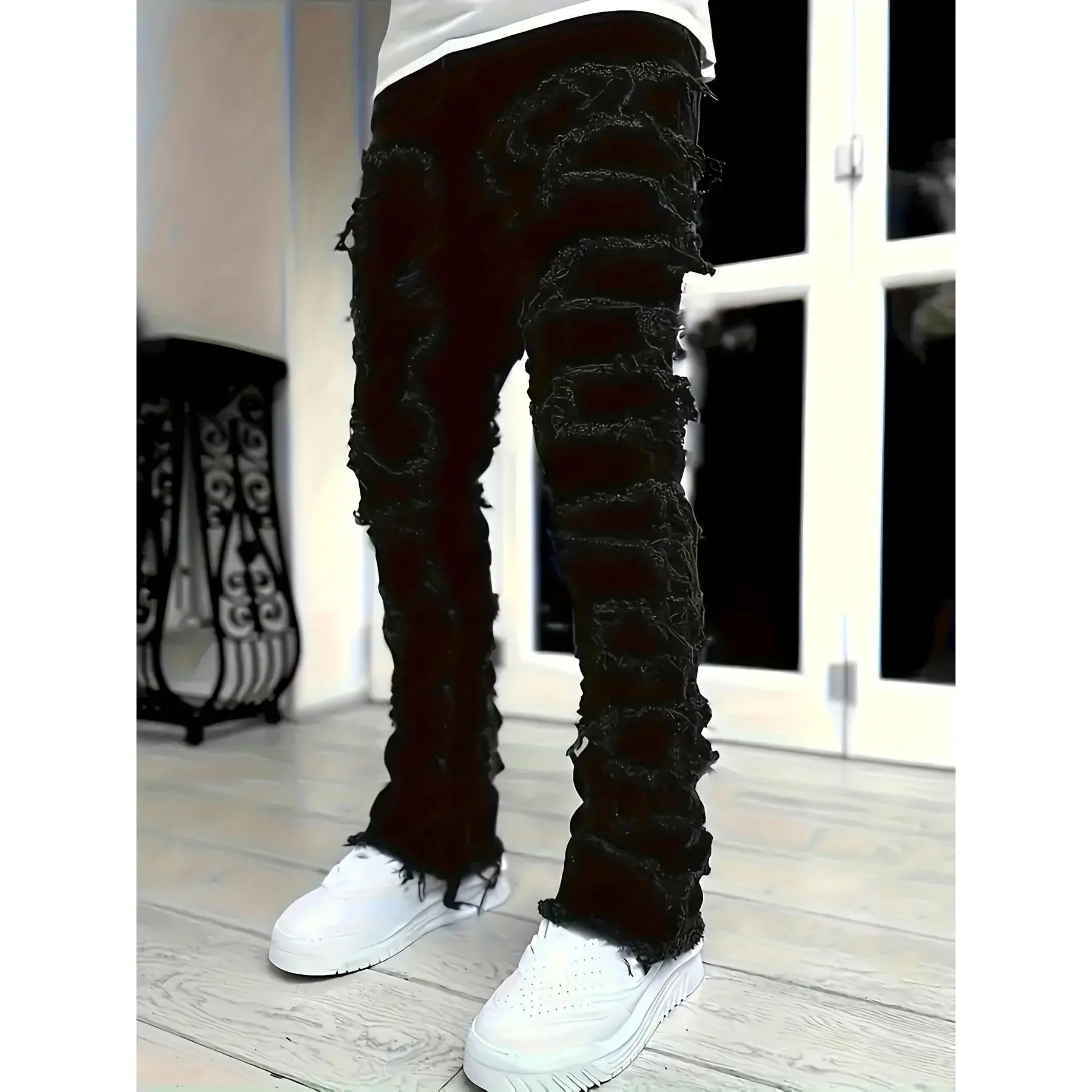Men's Skinny Ripped Jeans - Slim Fit Patchwork Denim Pants with Mid-Rise Waist, Y2K Goth Harajuku Emo Hip Hop Streetwear Style, Frayed Hem & Built-In Zipper Closure for Spring/Fall Casual Outfits