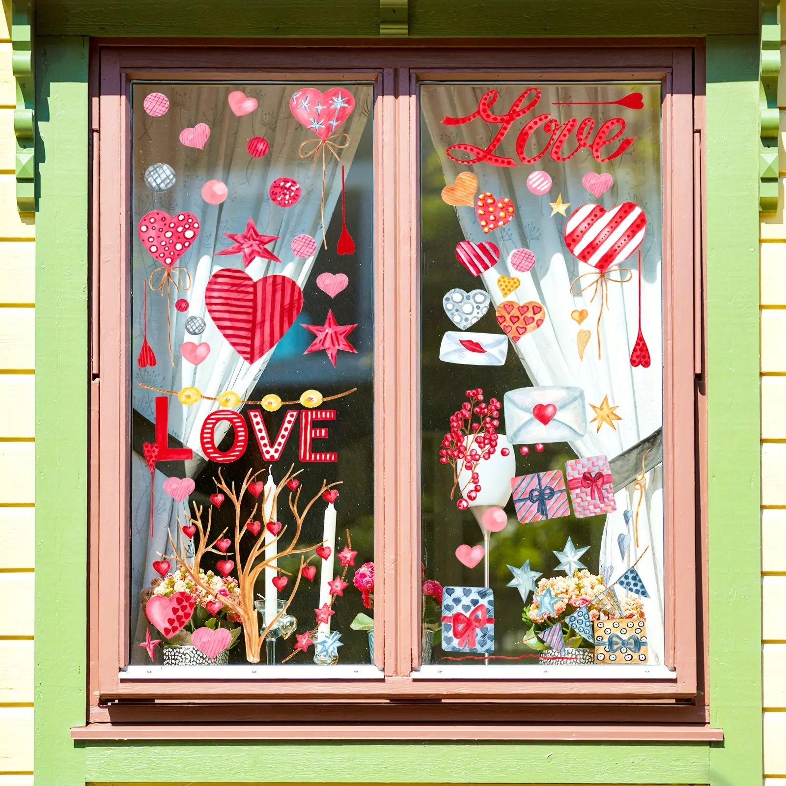 A set of 4 (30cm*40cm*4pcs) heart-shaped balloon Valentine's Day window stickers, double-sided visible window stickers, decorative window decals, suitable for home windows, glass doors, static stickers HA16500