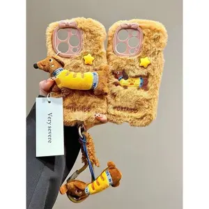 Furry iPhone16 Case with 4D Dachshund Design, Includes Stuffed Animal Strap, Soft Furry Material, and Unique Character Design