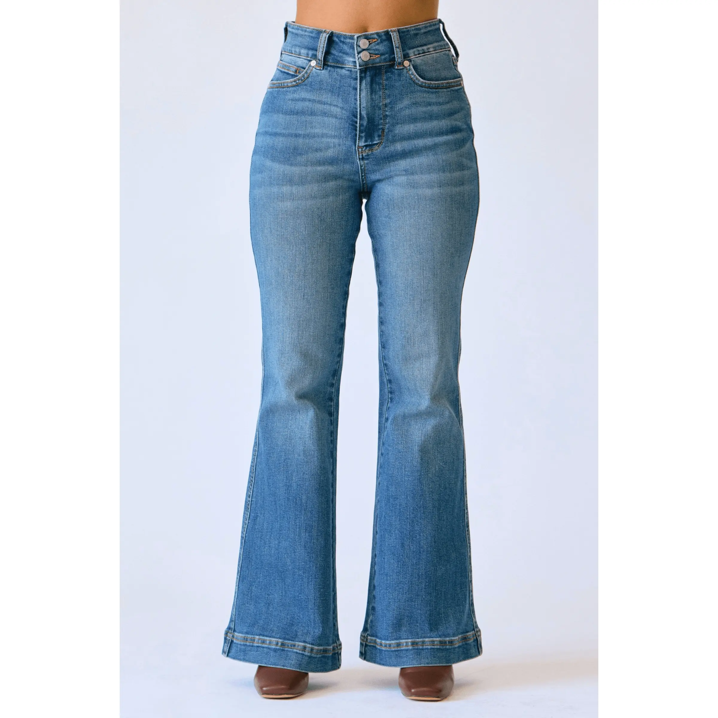 Judy Blue High Waist Tummy Control Double Button Flare Denim Jeans 881018 - Petite Fit Pants, Spandex, Cotton, Bottom, Slim, Style, Women's Clothes, Stretch Jeans, 14W, Cotton Blend, Flared Legs, All Seasons, 16W, Denim Pants, Flattering Jeans